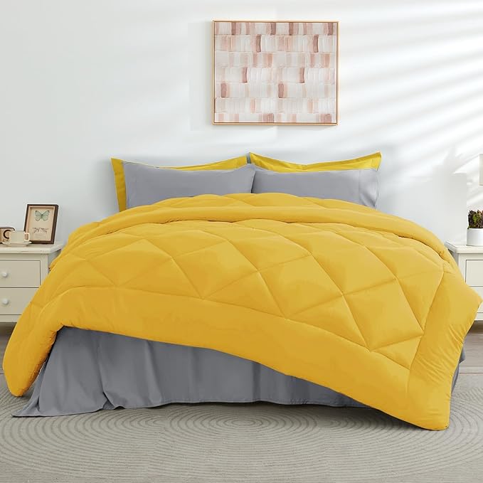 HEVUMYI Full Comforter Set - 7-Piece All Season Bed in a Bag Full Ultra Soft Bedding Set with Comforter Flat Sheet Fitted Sheet Pillowcases Pillow Shams Yellow &amp Light Grey