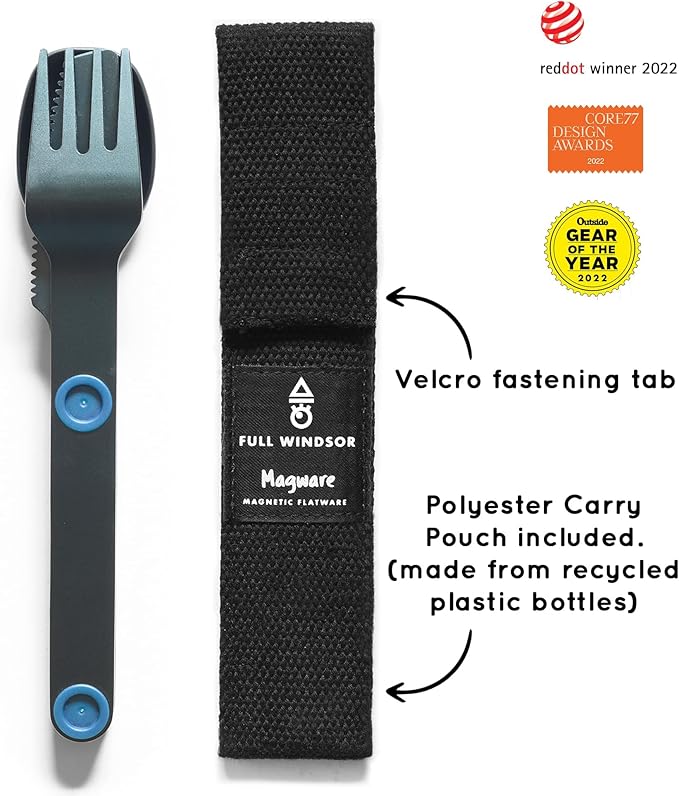 FULL WINDSOR - MAGWARE Magnetic Camping Cutlery Set - Travel Utensils for Camping Cooking and Outdoor Dining - Knife Fork &amp Spoon - Portable Silverware with Pouch - Blue (3 PCS)