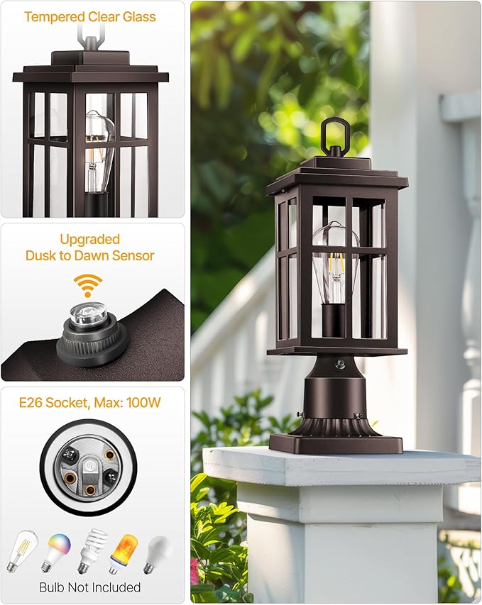 Dusk to Dawn Outdoor Post Lights Bronze Outdoor Lamp Post with Pier Mount Base Waterproof Lamp Posts Outdoor Lighting with Tempered Glass for Garden Porch Patio(Hardwired 120V Not Solar)