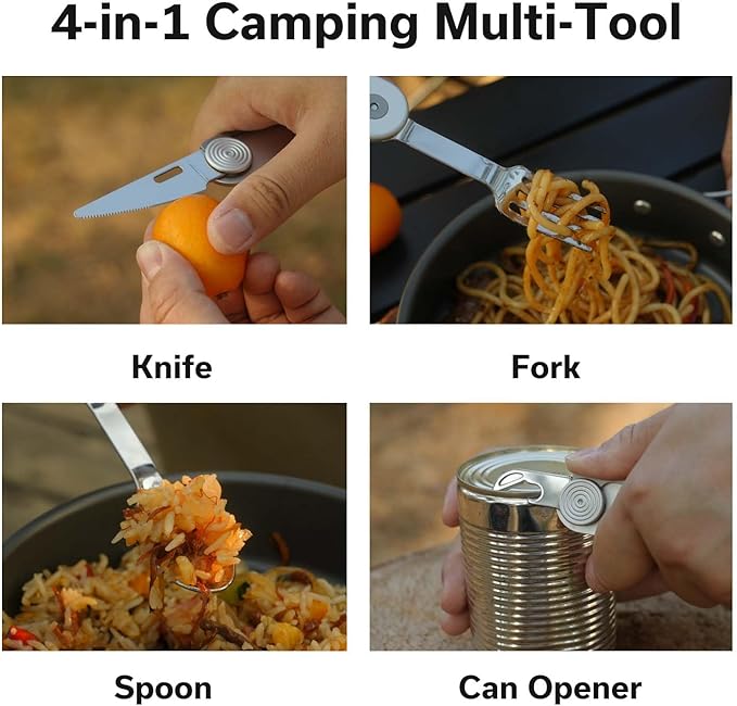 CIVIVI Partake 4-in-1 Camping Utensil Detachable Stainless Steel Folding Knife Fork Spoon &amp Bottle Opener Multi-Tool with Waxed Canvas Pouch for Travel Camping Hiking C24032C-3 Silver