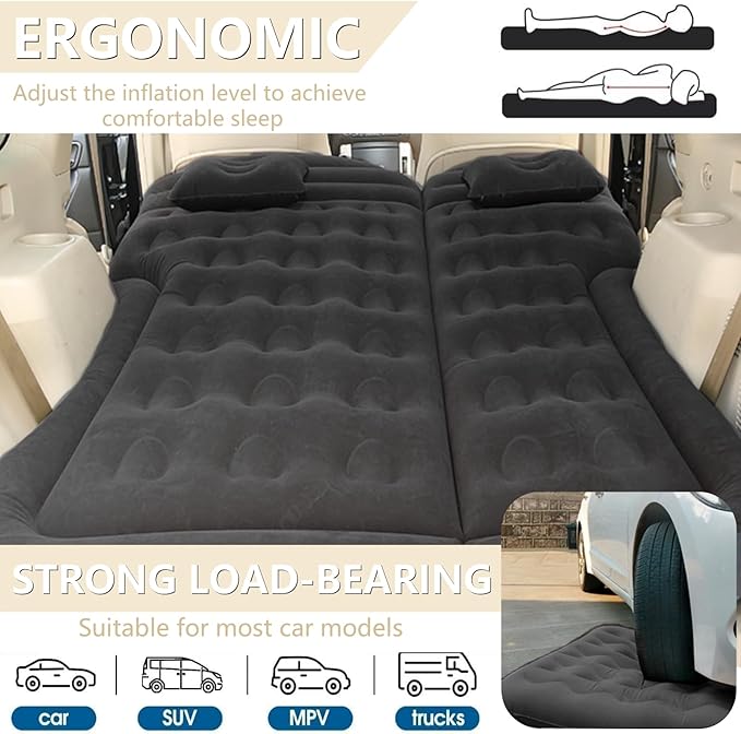 Car Air Mattress - Inflatable Bed SUV Mattress with Two Pillows for Cars Backseat Trunk Portable Flocked Camping Bed Sleeping Mat for Vehicle Travel Road Trip Indoor&ampOutdoor Activities Black