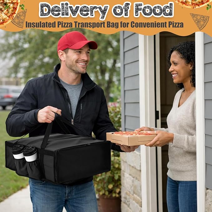 LemonRoad 3 Pcs Pizza Delivery Bag with 4 Cup Holder Insulated Food Grocery Bag 20 x 20 x 8 Pizza Warmer Bags for Carry Hot Catering Delivery Driver Essentials (Black)