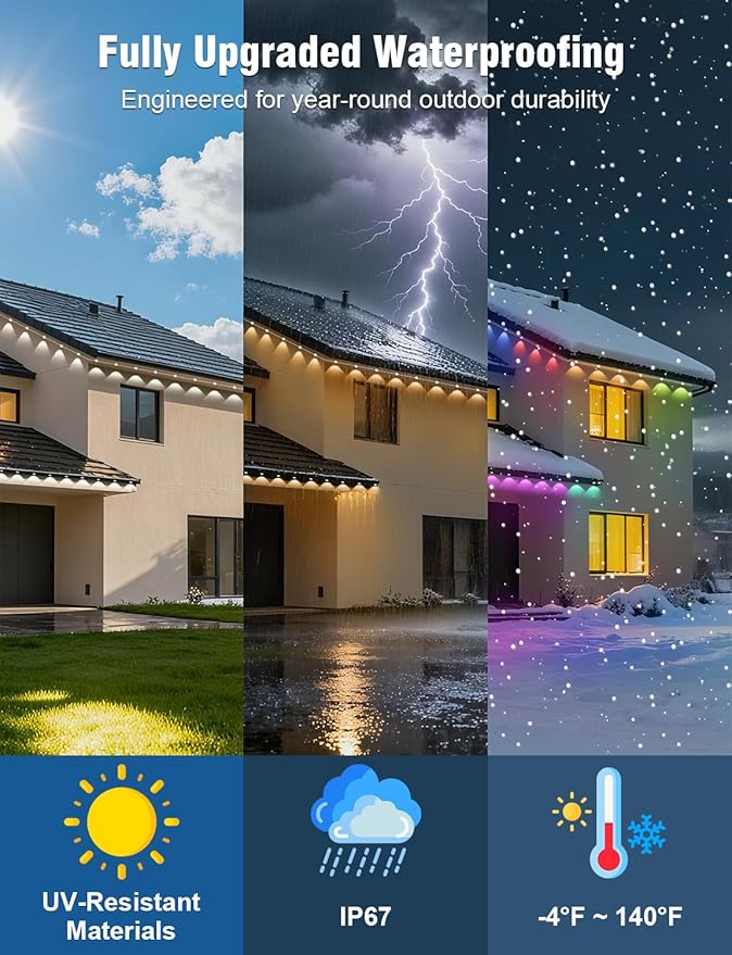 Permanent Outdoor Lights 250FT RGBIC LED Smart LED Lights App/Remote Control IP68 Waterproof for Holiday Decor 50 Scene Modes DIY Lights Color Lighting Timing for Christmas Halloween Party