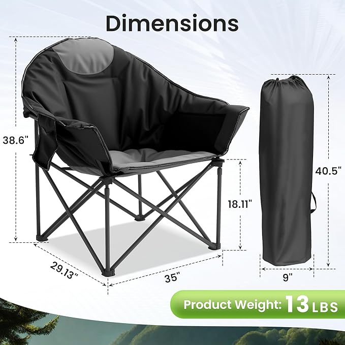 Oversized Camping Chair with Cup Holder &amp Carry Bag 500lbs Heavy Duty Moon Saucer Folding Chair for Outdoor Lawn Sports Patio Black