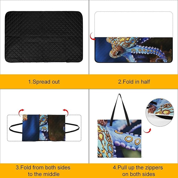 Zipper Blue Ringed Octopus Style Picnic Mat Suitable for Travel Camping Park Or Home Use