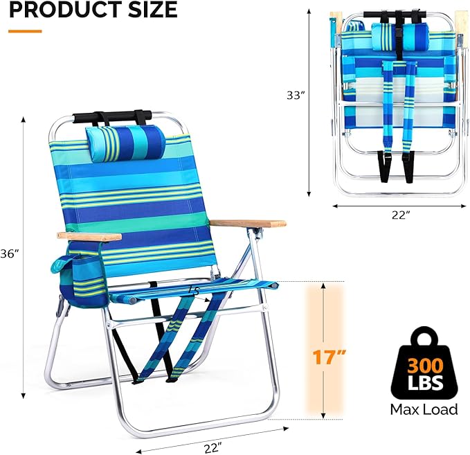 Bonnlo Lightweught 17 Backpack Beach Chair Tall Beach Chairs for Adults Portable with Adjustable Straps 3-Position Reclining Cup Holder High Beach Chairs for Beach