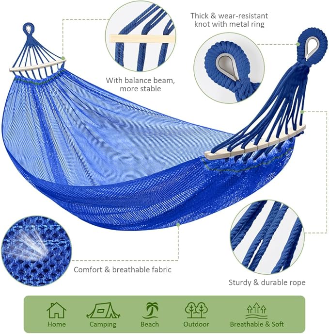 Outdoor Hammock Super Soft and Breathable Mesh Hammock Made of Cool Nylon with Wooden Bars for Indoor Balcony Terrace Garden Camping Backpacking