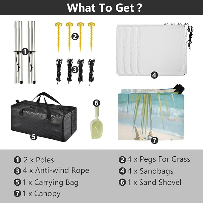 Sunny Beach Scene Beach Tent Sun Shelter 9.2' x 10.5' Beach Canopy with 4 Sandbags 4 Stability Poles Sand Shovels - Tent Canopy for Beach Camping Fishing Picnics