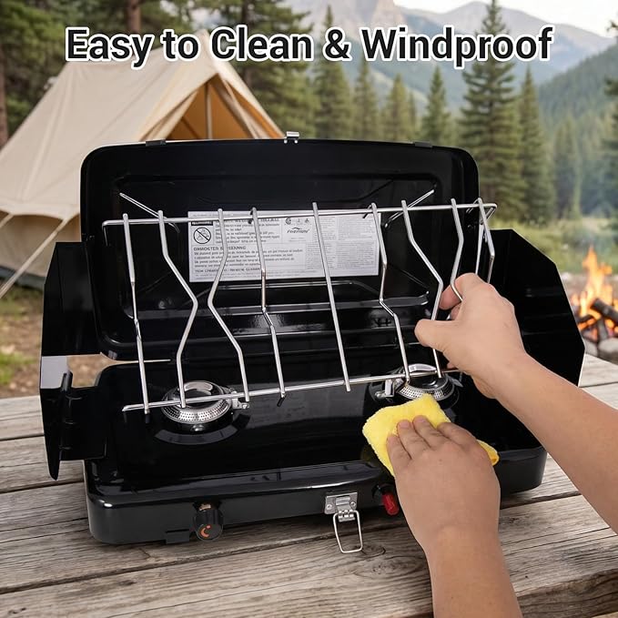 Camping Stove 2 Burners Propane Portable Camp Stove with Regulator Push-Button Instant Ignition Adjustable Burners &amp Wind Guards for Car BBQ Picnics Outdoor Cooking