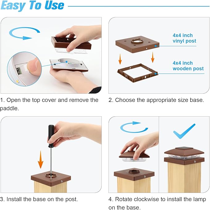 VOLISUN 4x4 Solar Post Cap Light 8packSolar Fence - Post Lights Brown Outdoor Waterproof for Wooden/Vinyl Post with Warm White for Deck