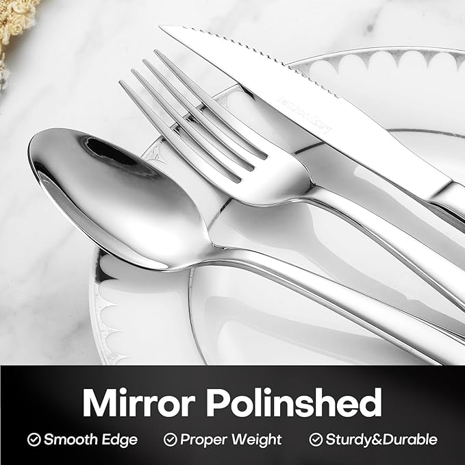 Lazycorner 53 Piece Silverware Set wiith Steak Knives and Serving Utensils 18/10 Stainless Steel Flatware Set Mirror Polished Eating Utensils Sets Silverwear Cutlery Set Dishwasher Safe