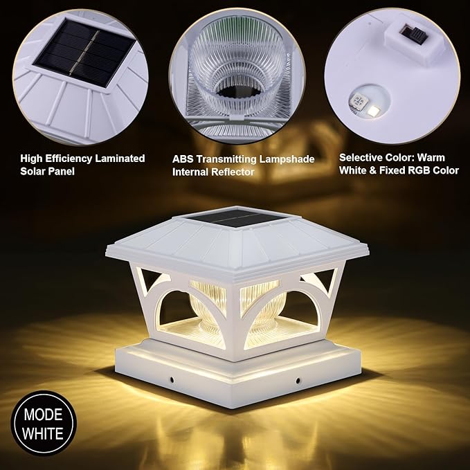 Solar Post Cap Lights 9 Colors to Choose 20 Lumens Warm White &amp RGB Automatic Cycling &amp Fixed RGB Color 3 Modes for 3.6x3.6 4x4 4.5x4.5 5x5 Wooden/Vinyl Posts Decoration White 6 Pack