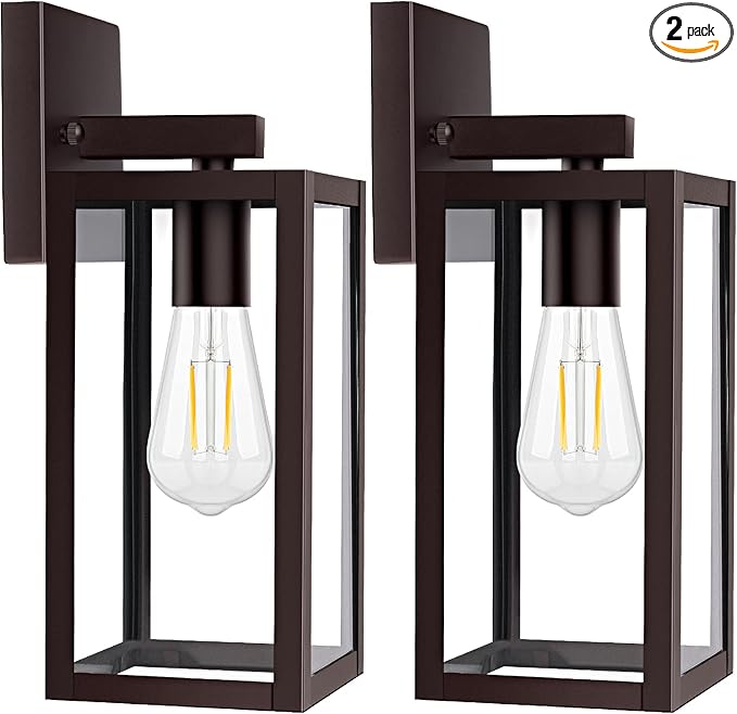 Brightever 2-Pack Outdoor Wall Light Fixtures Brown Waterproof Anti-Rust Exterior Wall Sconce Lantern with Clear Glass Modern Outside Front Porch Lights for House Garage Doorway Bulbs Not Included