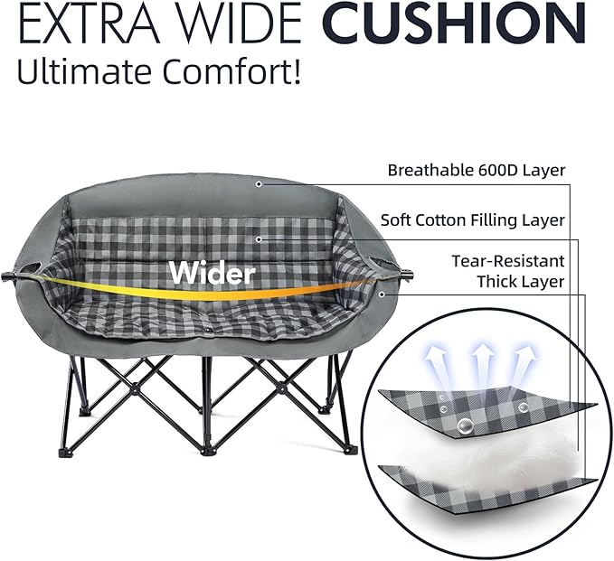 Double Camping Chairs Padded Loveseat Chair for 2 Person - Heavy Duty Oversized Camping Couch for Adults Outdoor Lawn Beach Portable Folding Sofa with Cup Holders Support 600lbs Grey