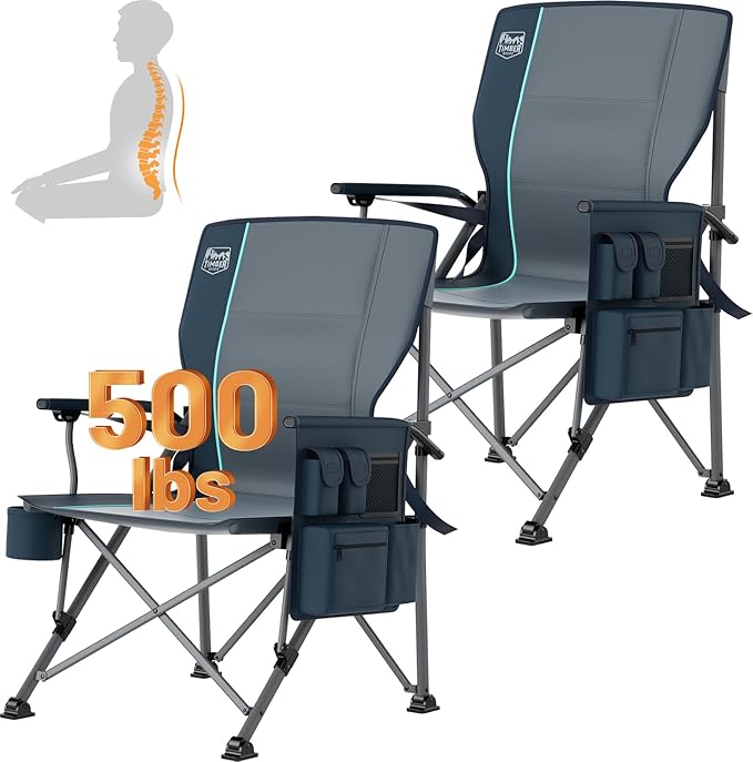 TIMBER RIDGE Oversized Folding Camping Chair with Lumbar Support Adjustable High Back Heavy Duty for Adults Support up to 500lbs with Cup Holder Cooler Bag Side Pocket Blue 2 Pack