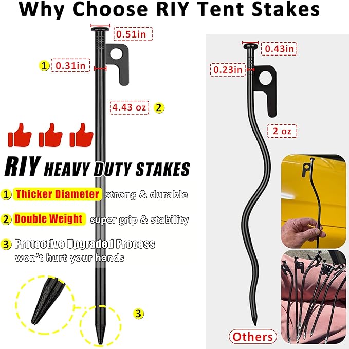 RIY Tent Stakes Heavy Duty 8Pcs 12 Inch Steel Tent Stakes with 3Pcs 12 Inch Tree Stakes Plant Support Stakes