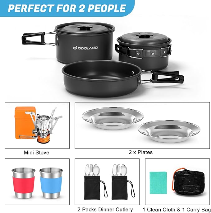 Odoland 16pcs Camping Cookware Mess Kit with Folding Camping Stove Non-Stick Lightweight Pots Pan Set with Stainless Steel Cups Plates Forks Knives Spoons for Camping Backpacking Outdoor Cooking