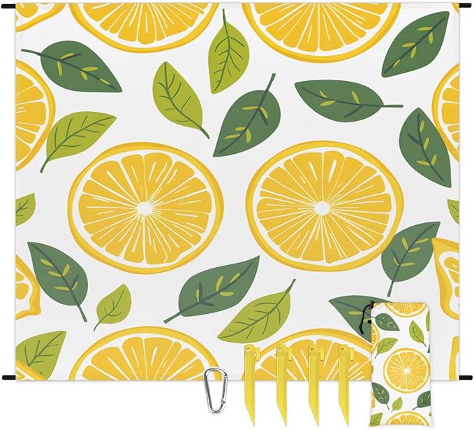 Waterproof Sandproof Beach Blanket 59''×68'' Lemon Slices Polyester Outdoor Picnic Blanket with 4 Stakes &amp Storage Bag for BeachCampingVacation Melon Yellow