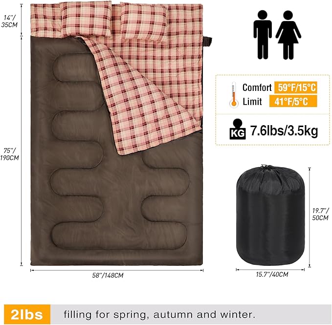 REDCAMP Cotton Double Sleeping Bag for Adults 2 Person Cold Weather Queen Size Flannel Sleeping Bags for Camping Black/Navy Blue