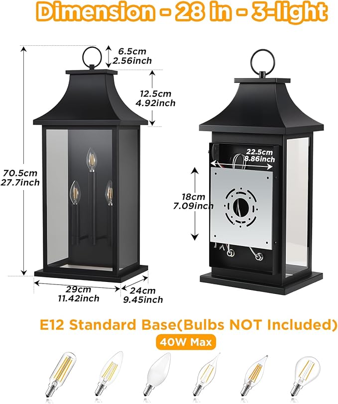 Extra Large Outdoor Wall Lights Outside Lights Exterior Lighting Fixtures Wall Mount Wall Sconce Light Outdoor Lanterns for Porch Black 28 3-Light 1-Pack