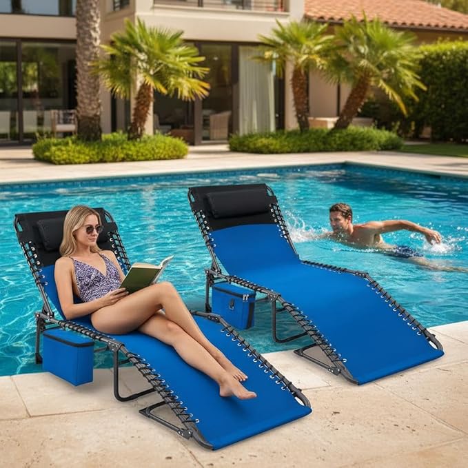 Outdoor Chaise Lounge Chair Folding Tanning Chair with 5-Position Adjustable Backrest Portable Sun Lounger with Carry Handle Side Pocket and Removable Pillow for Beach Pool Patio Camping Blue