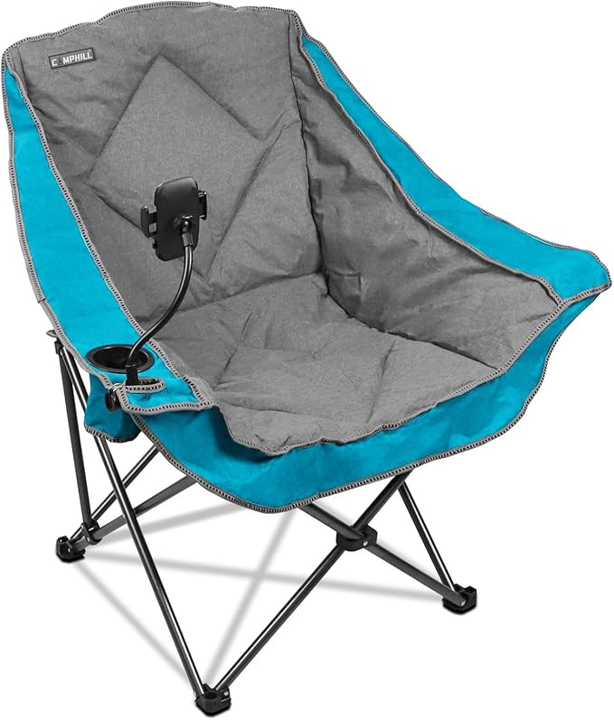 CAMPHILL Folding Camping ChairOversized Portable Camping Chair with Cup Holder and Phone HolderHeavy Duty Padded Lawn Chair for CampingTailgatesBeachand SportsLake Blue