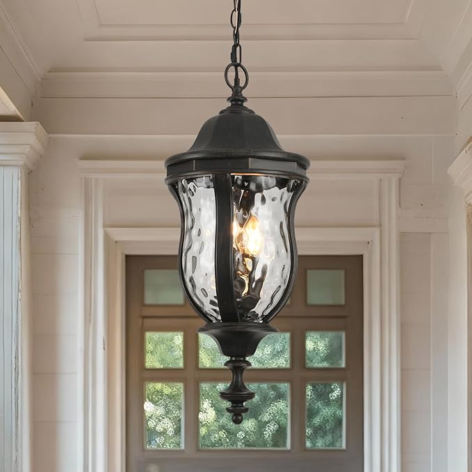 Large Outdoor Pendant Light Fixtures 23.6'' Exterior Hanging Lantern Porch Light Adjustable Black Brush Red Hanging Lamp Farmhouse Exterior Chandelier Ceiling Mount for Entrance Patio