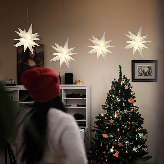 Leejec 9.4 Moravian Star Outdoor Light with Remote Control Christmas Decorations Indoor Hanging Warm White LED Light Battery Operated with Timer Function 4-Pack Tree Ceiling Balcony Décor