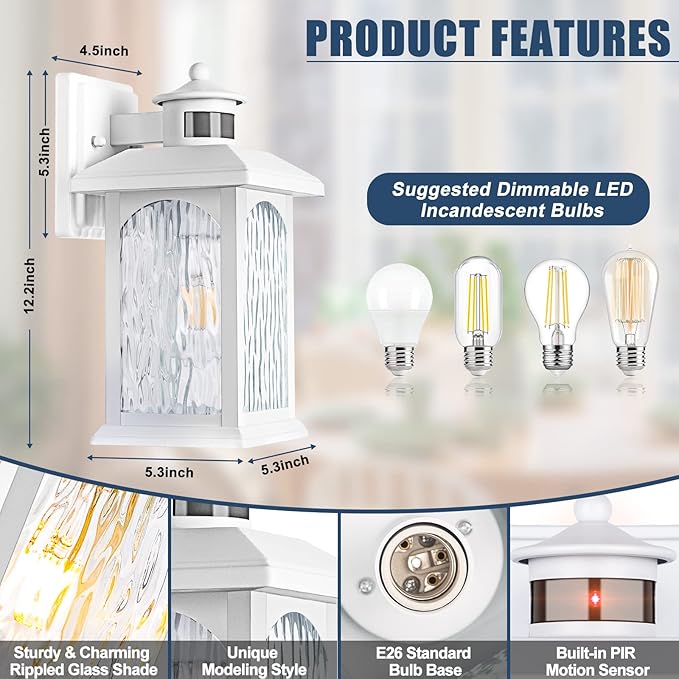 Motion Sensor Outdoor Wall Sconce White Dusk to Dawn Motion Sensor Lighting Smart &amp Waterproof Wall Lights &amp Exterior Light Fixture Porch Lights with Rippled Glass for Garage House