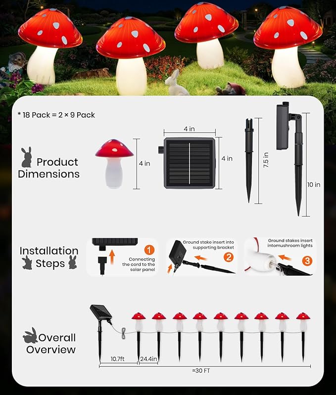18 Pack Solar Mushroom Lights Outdoor Garden Outdoor Decor 8 Lighting Modes IP65 Waterproof Crystal-Clear Fairy Decoration for Pathway/Yard/Flower Bed/Patio/Landscape/Backyard/Dwarf String 2×30FT