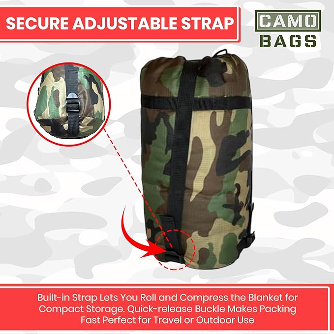 Camo Military Woobie Style Blanket- Waterproof Blankets with Adjustable Straps- 8 Pair Tie Cords military blanket with Reinforced Stitching- Ultralight RIBSTOP Travel Blanket for Camping &amp Outdoor