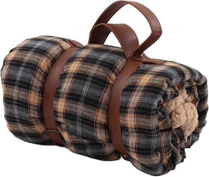 Thermal Insulation Picnic Blanket Sherpa Plaid Leather Large Thickened Outdoor Camping Mat - Keep Warm Portable with Handle for Hiking Beach Travel and Sports