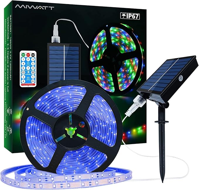 MIHEAL Solar LED Strip Lights Outdoor 32.8ft 560 LEDs Solar Powered Blue Light LED Strip with 8 Lighting Modes IP67 Waterproof 2835 SMD Rope Lights for Garden Trees Christmas Party Decor