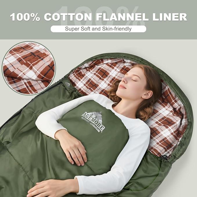 AGEMORE Cotton Flannel Sleeping Bag for Adults Lightweight XXL Cotton Sleeping Bag for Camping Backpacking or Hiking Water Resistant 3-4 Season Sleeping bag for Warm &amp Cool Weather