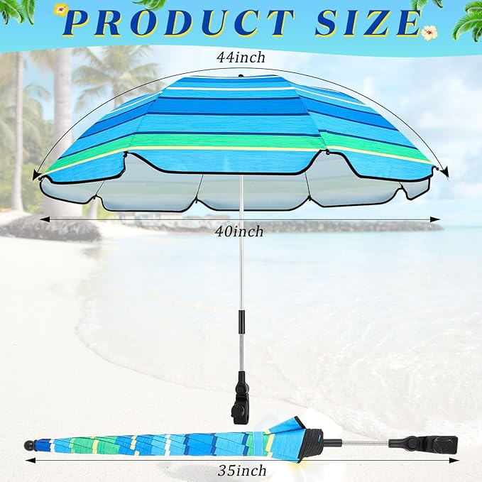 Buryeah 2 Pcs Automatic Chair Umbrella with Universal Clamp 44 UPF 50+ Portable Clamp on Beach Chair Adjustable Wheelchair Umbrella for Outdoor Patio Parasol