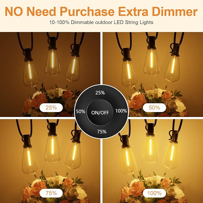 50FT Outdoor String Lights with Remote Garden Patio Decor with 2500K Warm White 25+1 LED Edison Bulbs Support Timer Dimmable Waterproof Shatterproof for Yard Outside Porch Deck Indoor