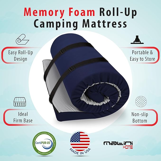 Memory Foam Roll-Up Camping Mattress with Water Resistant Zipper Cover Foldable and Portable for Camping RV Bunk Tent Guest Bed Outdoor and Dorm