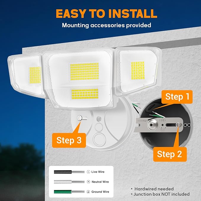90W 10000LM Flood Lights Outdoor LED Security Lights with 4 Heads Switch Controlled 6500K Daylight IP65 Waterproof Exterior Floodlight for Outside Garage Yard Porch Eave