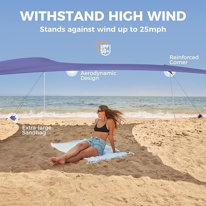 WEKAPO Beach Tent Sun Shelter - Easy Setup Beach Canopy with 4 Sturdy Poles Extra Large Sandbags and Shovel 7'8'' Tall Windproof Sun Shade for Backyard and Camping UPF 50+ Protection