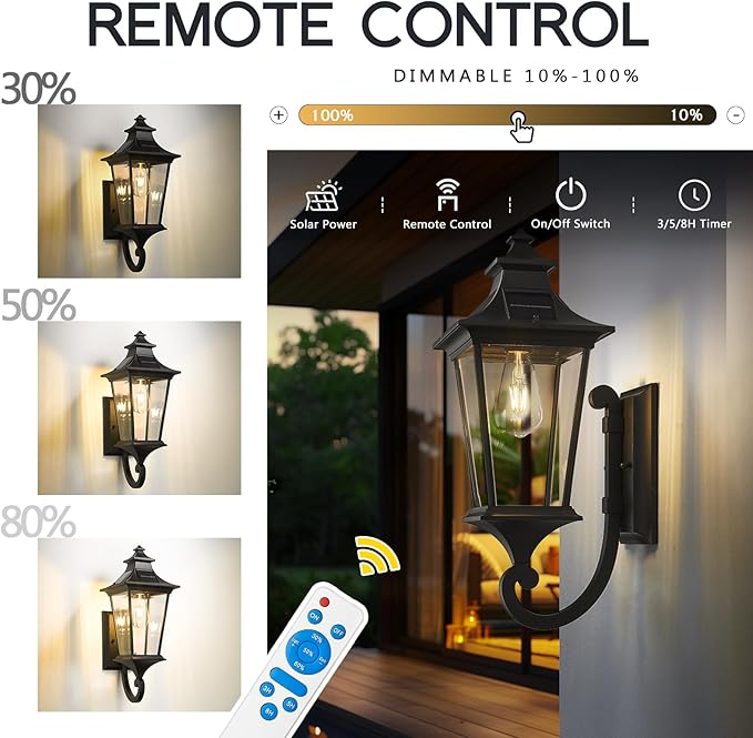 Emliviar Solar Exterior Front Porch Light with Remote Control 3 Lighting Modes Waterproof Solar Wall Lantern Auto On/Off Black Outside Light with Clear Glass 500181-SL BK