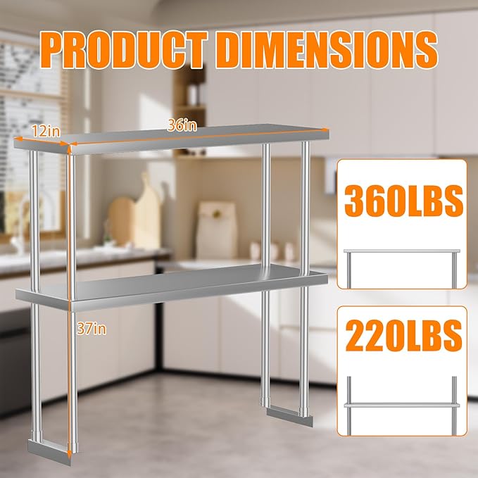 2-Tier Stainless Steel Overshelf for Work &amp Prep Table 12x36 inch Commercial Adjustable Double Shelf Heavy Duty Storage Rack for Kitchens Utility Rooms Restaurants &amp Garages