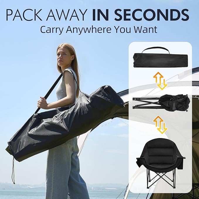 Oversized Camping Chairs for Adults - Heavy Duty Padded Outdoor Folding Lawn XL Camp Chair with Cup Holder Cooler Pockets for Outside Sports Beach Fishing Garden Portable Supports 500lbs AllBlack