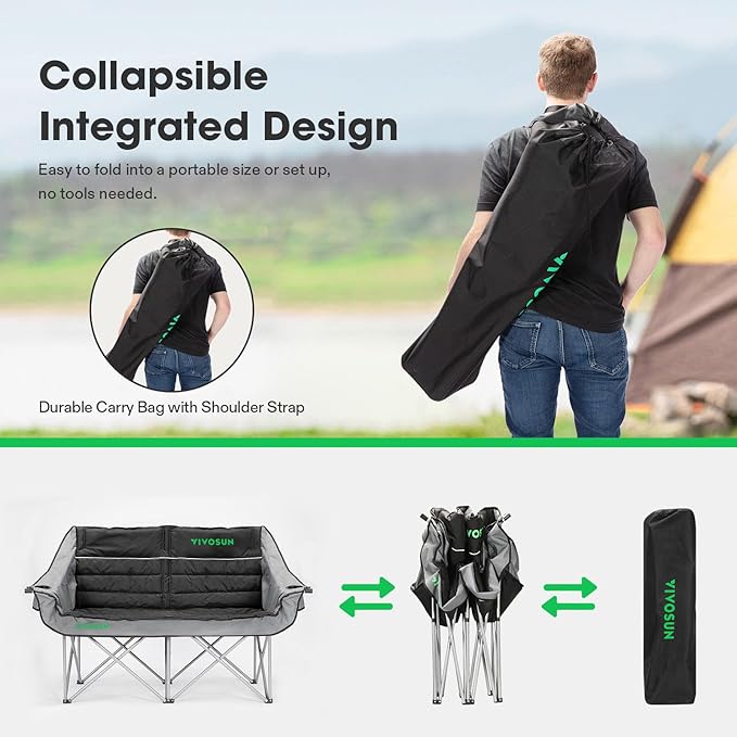 VIVOSUN Double Camping Chair Fully Padded Folding Loveseat Oversized Duo Chair with Cup &amp Wine Glass Holders Pocket Armrests &amp Carry Bag