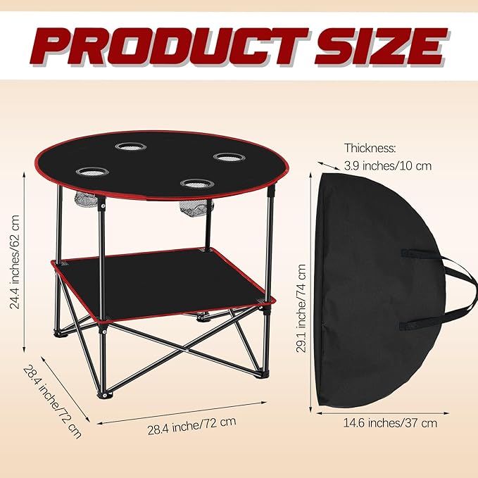 Soaoo 2 Pcs Folding Camping Table with 4 Mesh Cupholders 2 Tier Portable Folding Table Round Lightweight Fabric Compact Carrying Case Beach Table for Summer Outdoor Tailgating Fishing Hiking