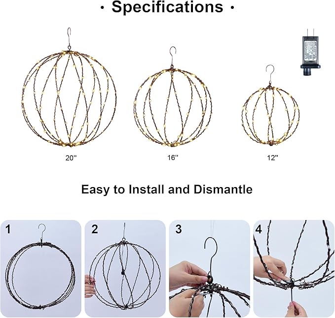 LIGHTSHARE 248LED 12IN+16IN+20IN Light Ball Yard Decoration Pathway Lights Brown Sphere Light Fold Flat Metal Frame Indoor Outdoor Waterproof Garden Lights Plug in(Set of 3)