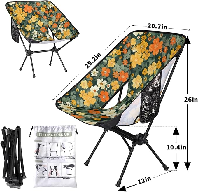 Flowers Green Portable Camping Chair Folding Chairs for Outside Lightweight Backpacking Chair Outdoor Collapsible Beach Chairs for Adults Fishing Lawn Picnic Travel Hiking