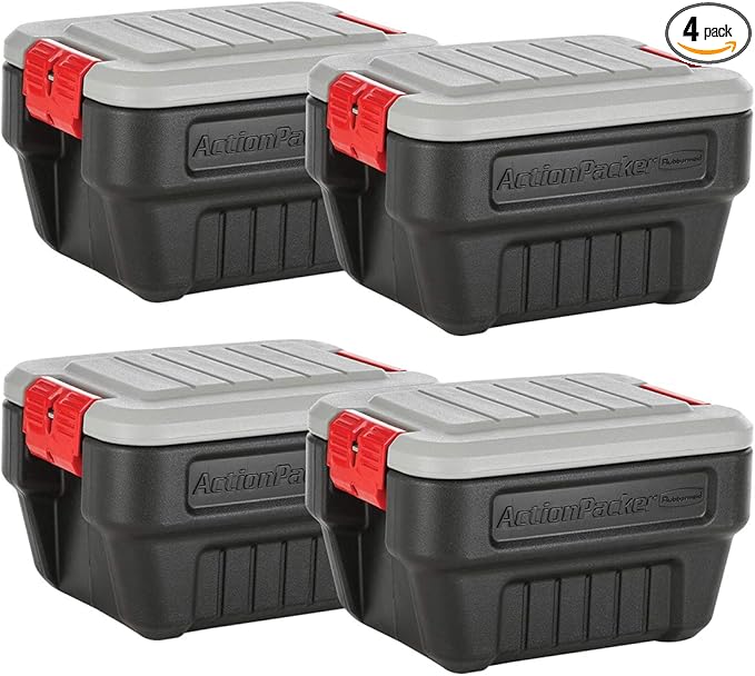 Rubbermaid® ActionPacker®️ 8 Gal Lockable Storage Box Pack of 4 Outdoor Industrial Rugged Grey and Black