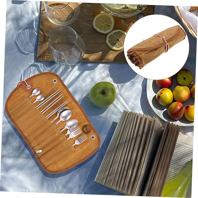 Portable Cutlery Set with Folding Tableware Pouch for Camping Picnics and Outdoor Activities Includes Elegant Dinnerware Bag Dishwasher Safe Utensils Easy Storage