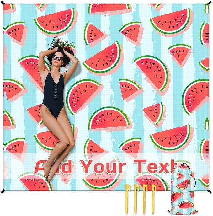 Personalized Beach Blanket Waterproof Sandproof 86x78 Inches Custom Large Watermelon Beach Mat for 4-6 Adults Lightweight Picnic Blanket with 4 Corner Pockets for Outdoor Travel Camping Hiking
