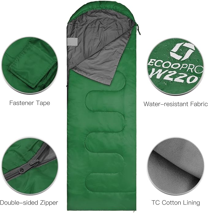 ECOOPRO Warm Weather Sleeping Bag - Portable Waterproof Compact Lightweight Comfort with Compression Sack - Great for Outdoor Camping Backpacking &amp Hiking-83 L x 30 W Fits Adults